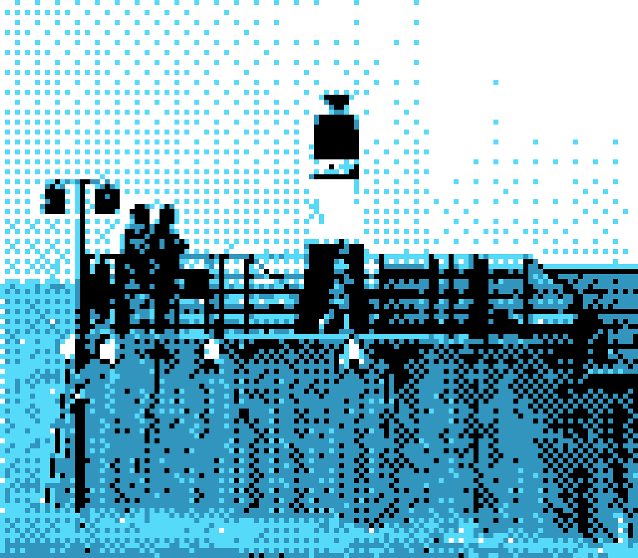 pixel photo of a tiny lighthouse with 2 people on the left, against the sea as backdrop