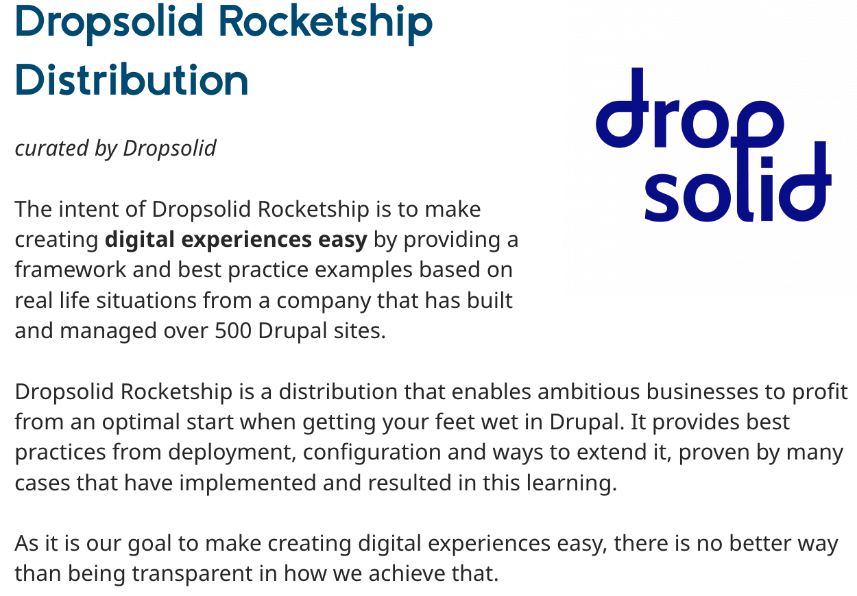 screenshot with intro text of the Dropsolid Rocketship distribution