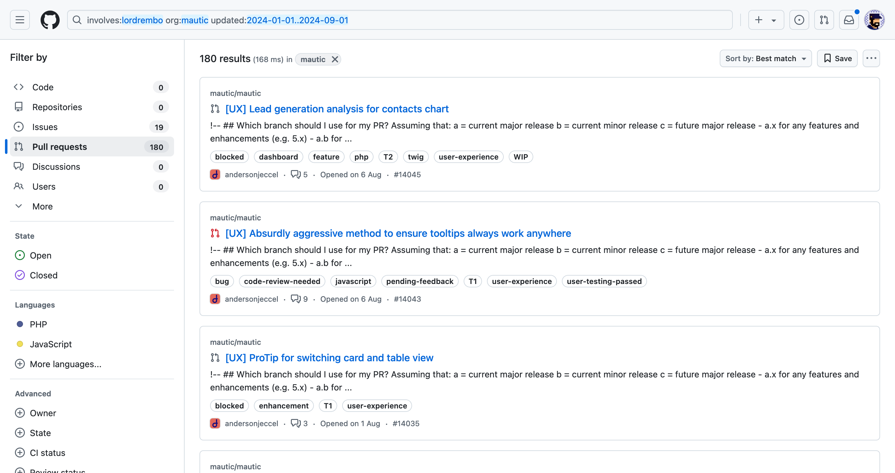 Screenshot of Github page listing various contributions
