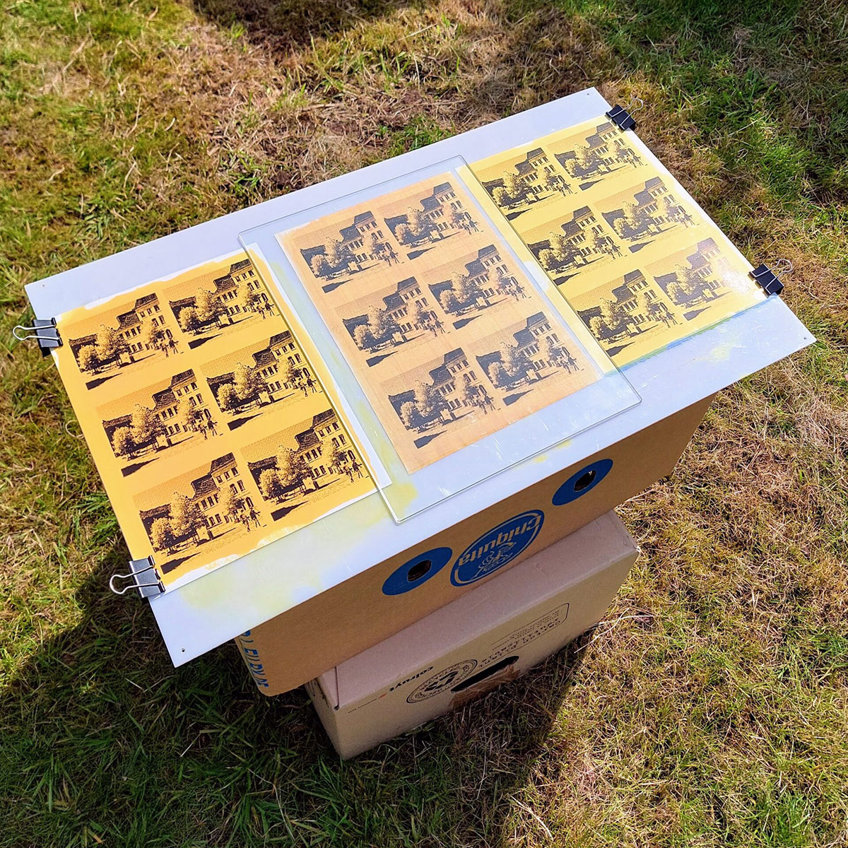 2 boxes set on top of each other on grass, topped with a white plexi plate holding 3 yellow papers with black and white images on them