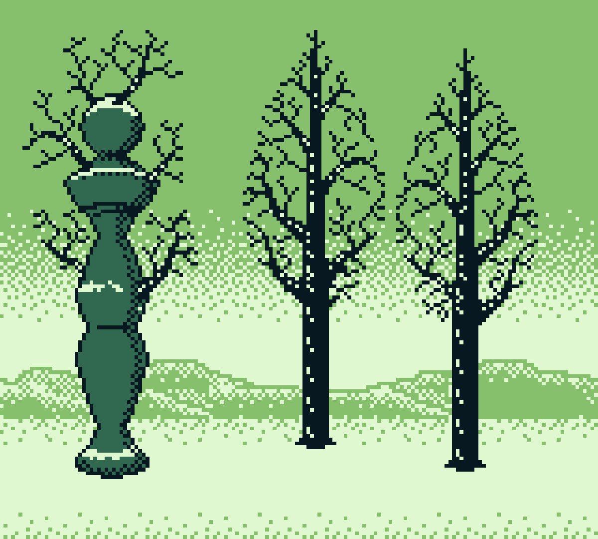 pixel art inspired by Magritte, shows 1 balluster with a backdrop of a mountain range and snow on the ground