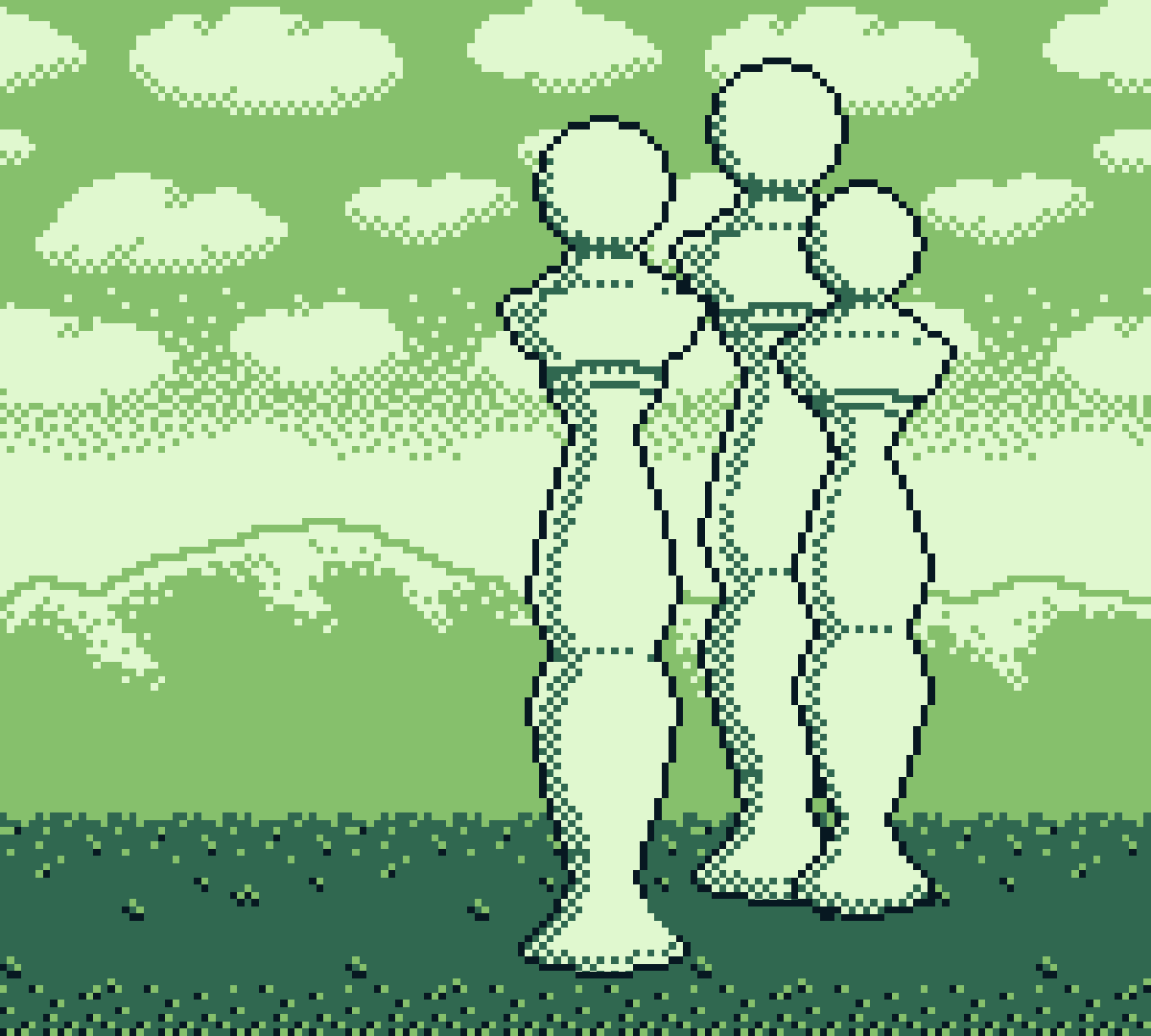 pixel art inspired by Magritte, shows 3 ballusters with a backdrop of clouds and a mountain range