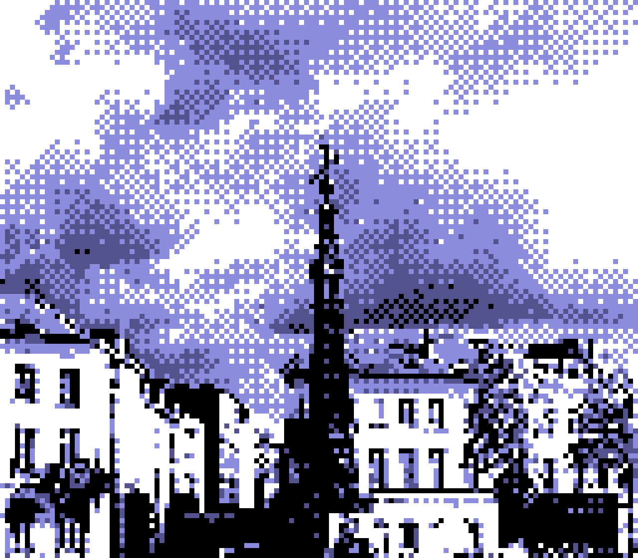 pixel photo of some city houses with a statue on a tall column in the middle, against a cloudy sky