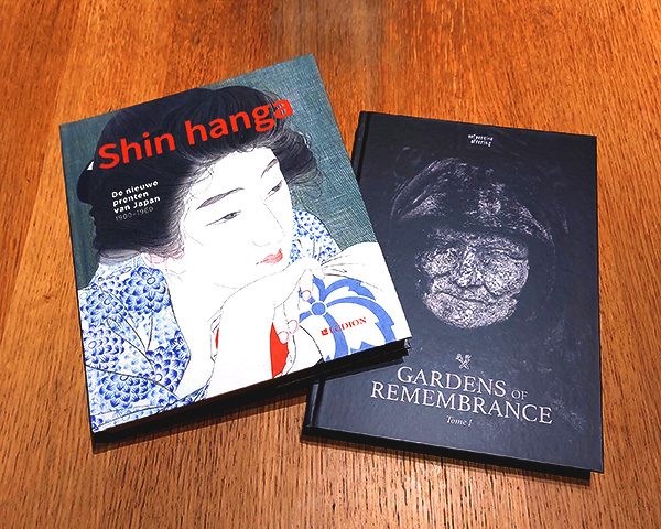 2 book covers, on the left is one titled Shin hanga and on the right is Gardens of Remembrance