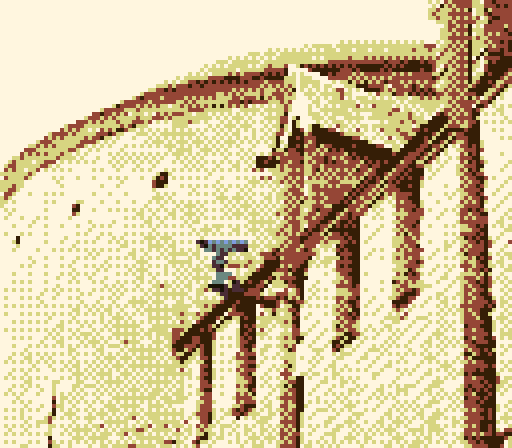 game boy photo of a medieval castle front, with a CCTV camera mounted on it
