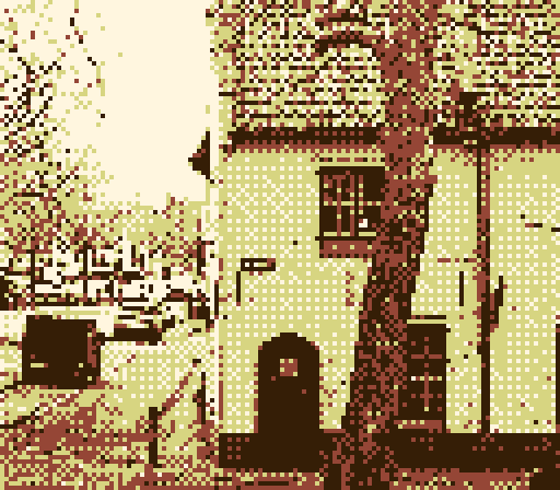 game boy photo of a corner house with a tree directly in front
