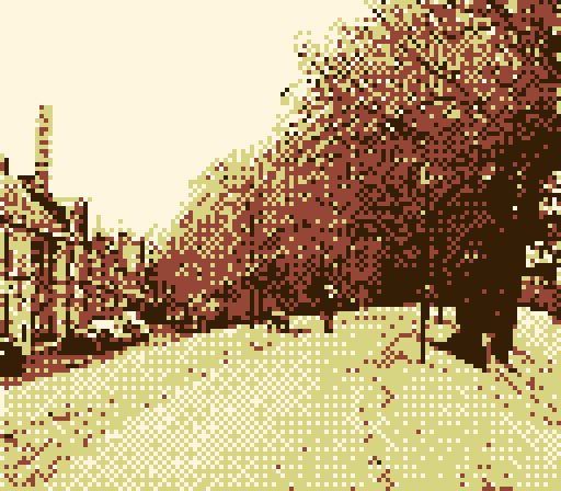 game boy photo of a water way with a tree overhanging and its branches reflected in the water, with a person standing underneath