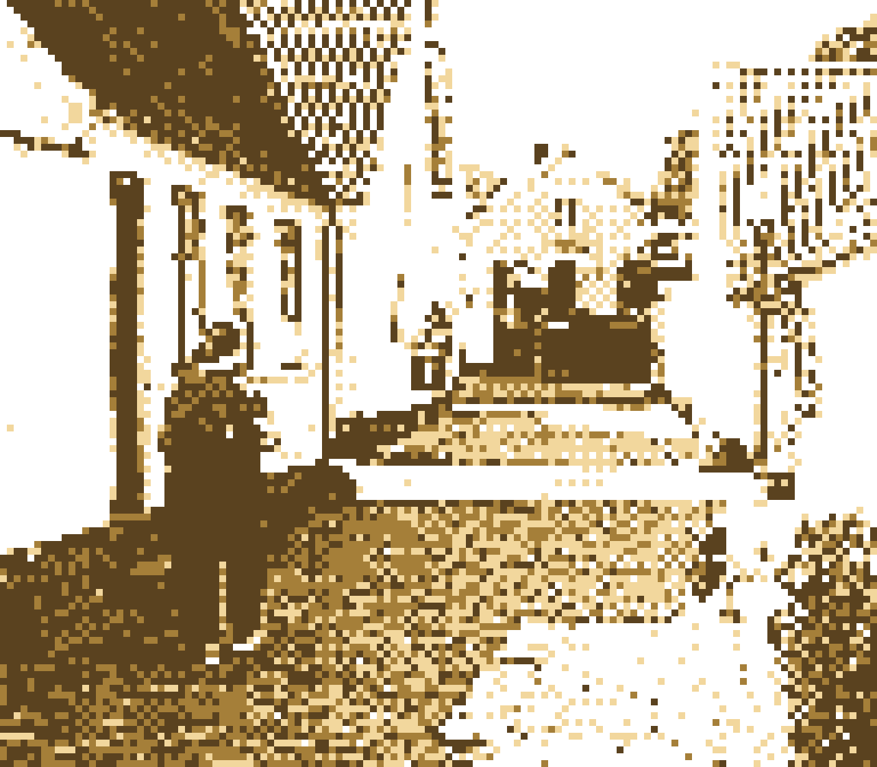 pixel photo of a person walking down a street flanked by old houses in a cottage style