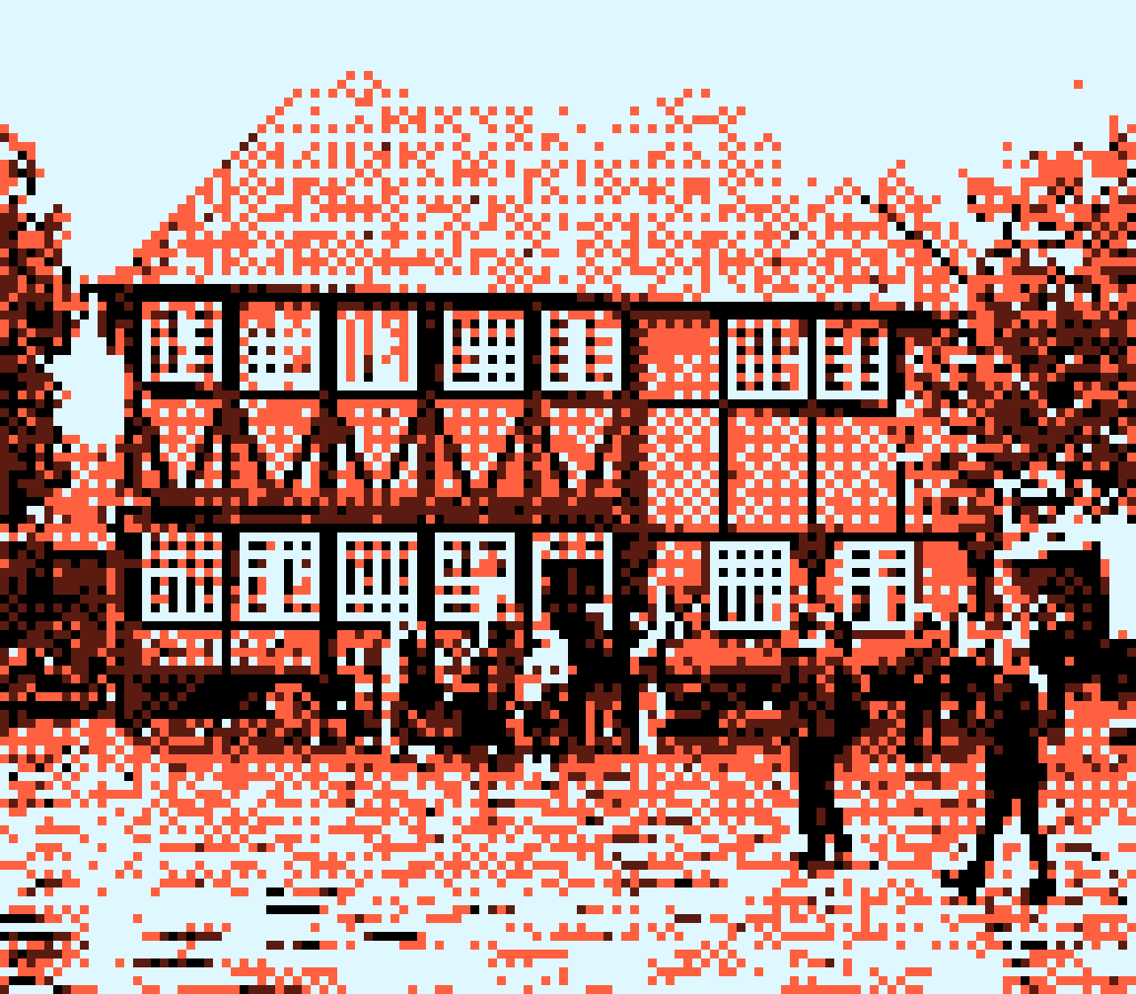 pixel photo of a big cottage style house, in brown and red colors, with a couple people in front
