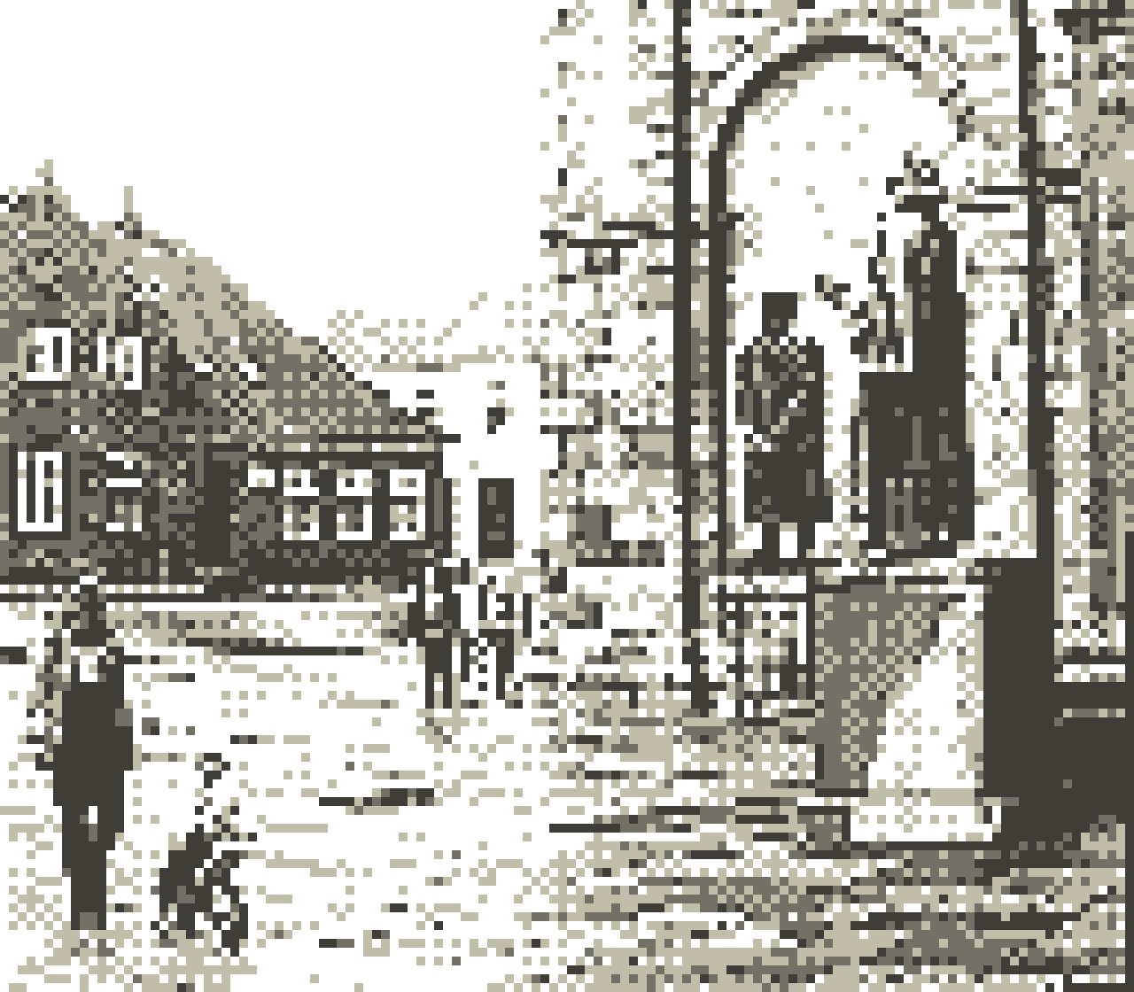 pixel photo of part of a church with a statue in front and a mom and kind walking by