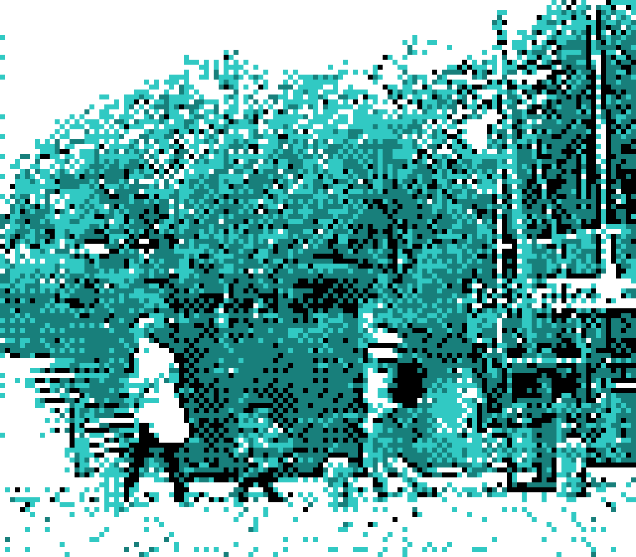 pixel photo of 3 people walking by, a child in the middle of 2 adults, in white and green colors