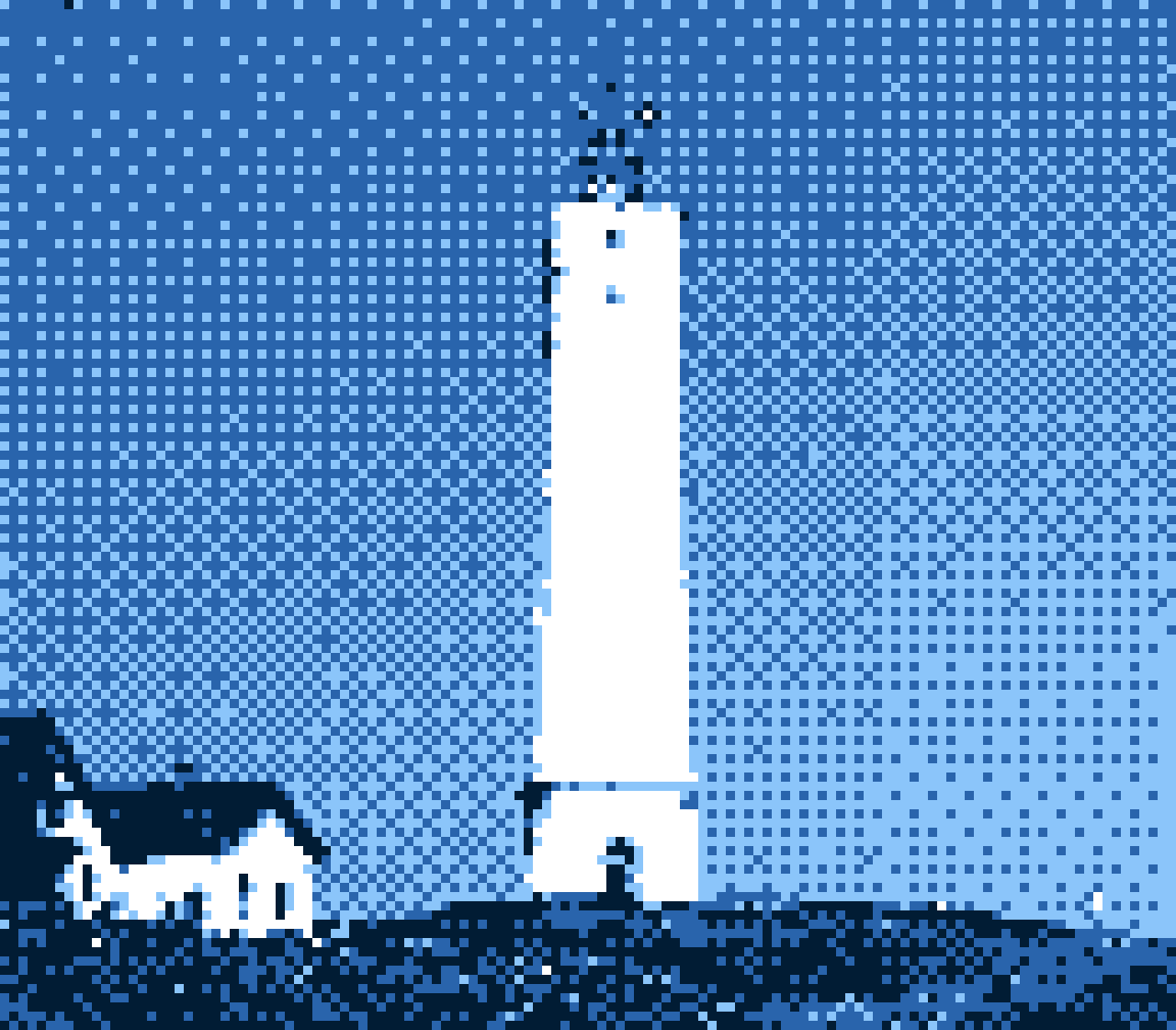 pixel photo of a lighthouse, white on blue colors