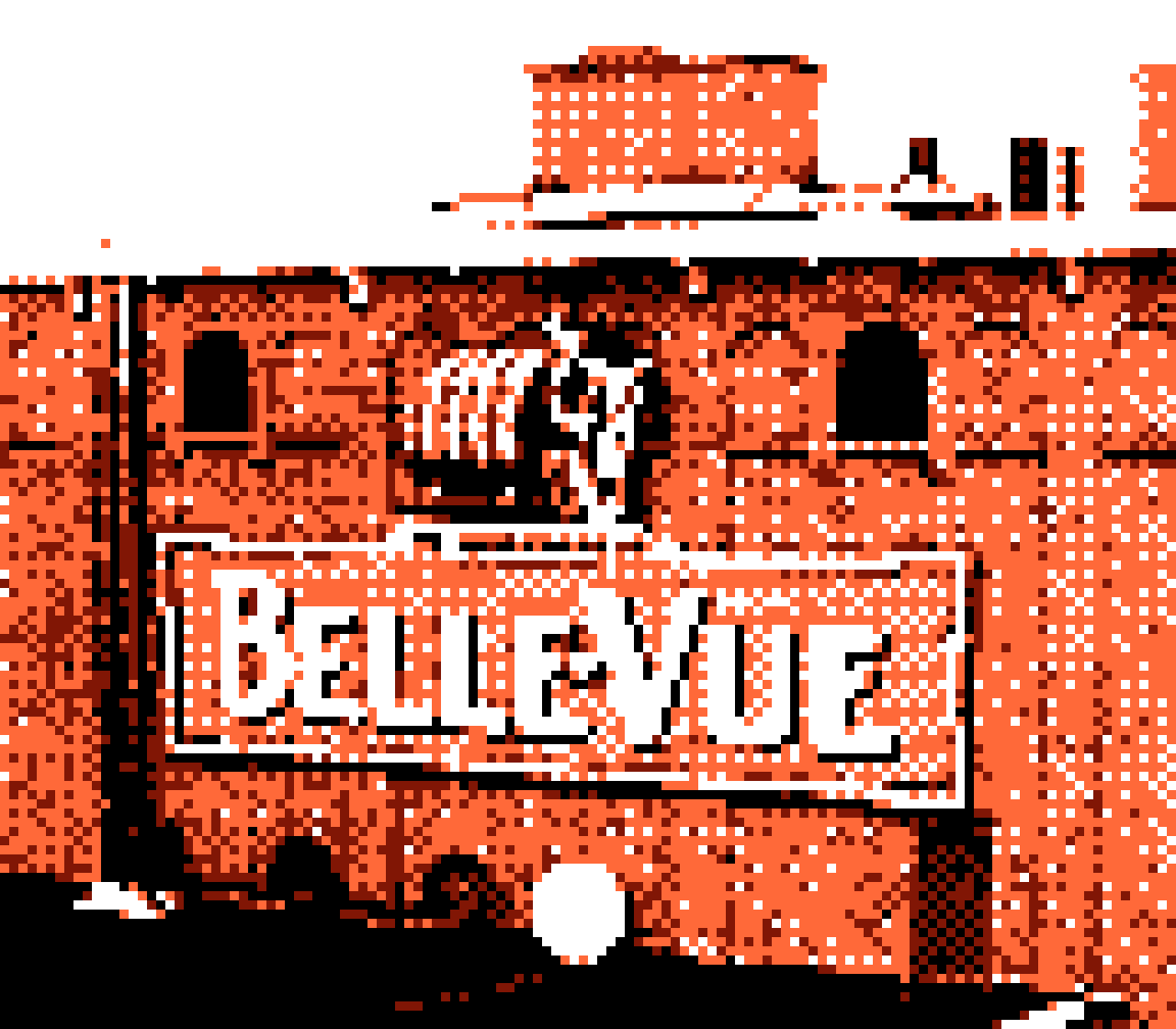 pixel photo of a red wall with the Bellevue brewer logo