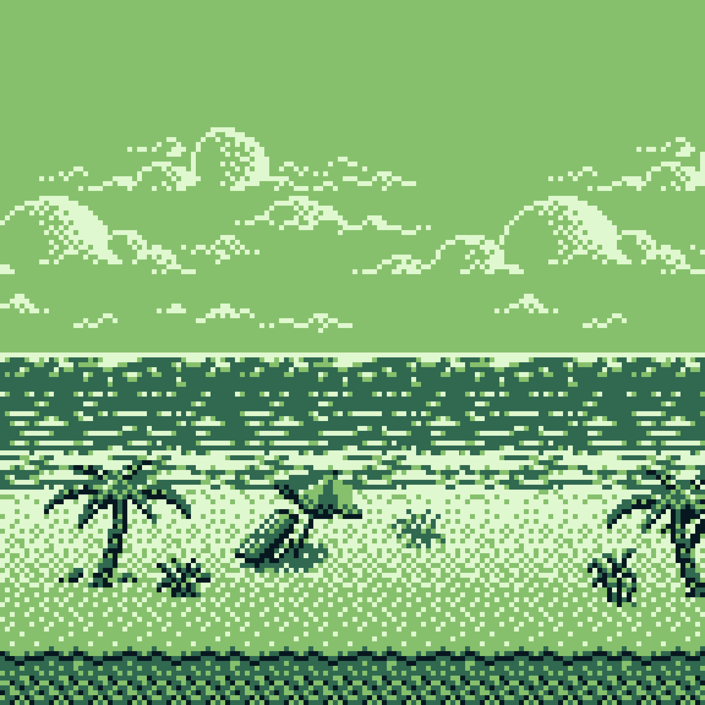 pixel drawing of a beach with palm trees