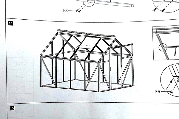 A panel from a page in a manual showing you how to assemble a greenhouse. We see figure 14 which shows the full frame assembled and we see part of the previous figure as well as parts of details showing screws connecting parts