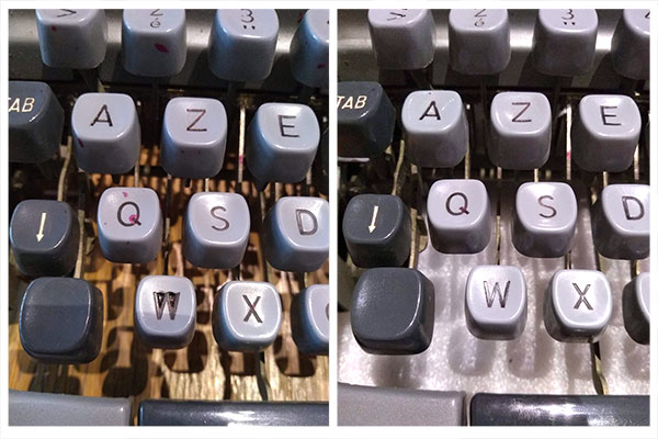 the Torpedo 18b detail of the 'W' key before and after repair