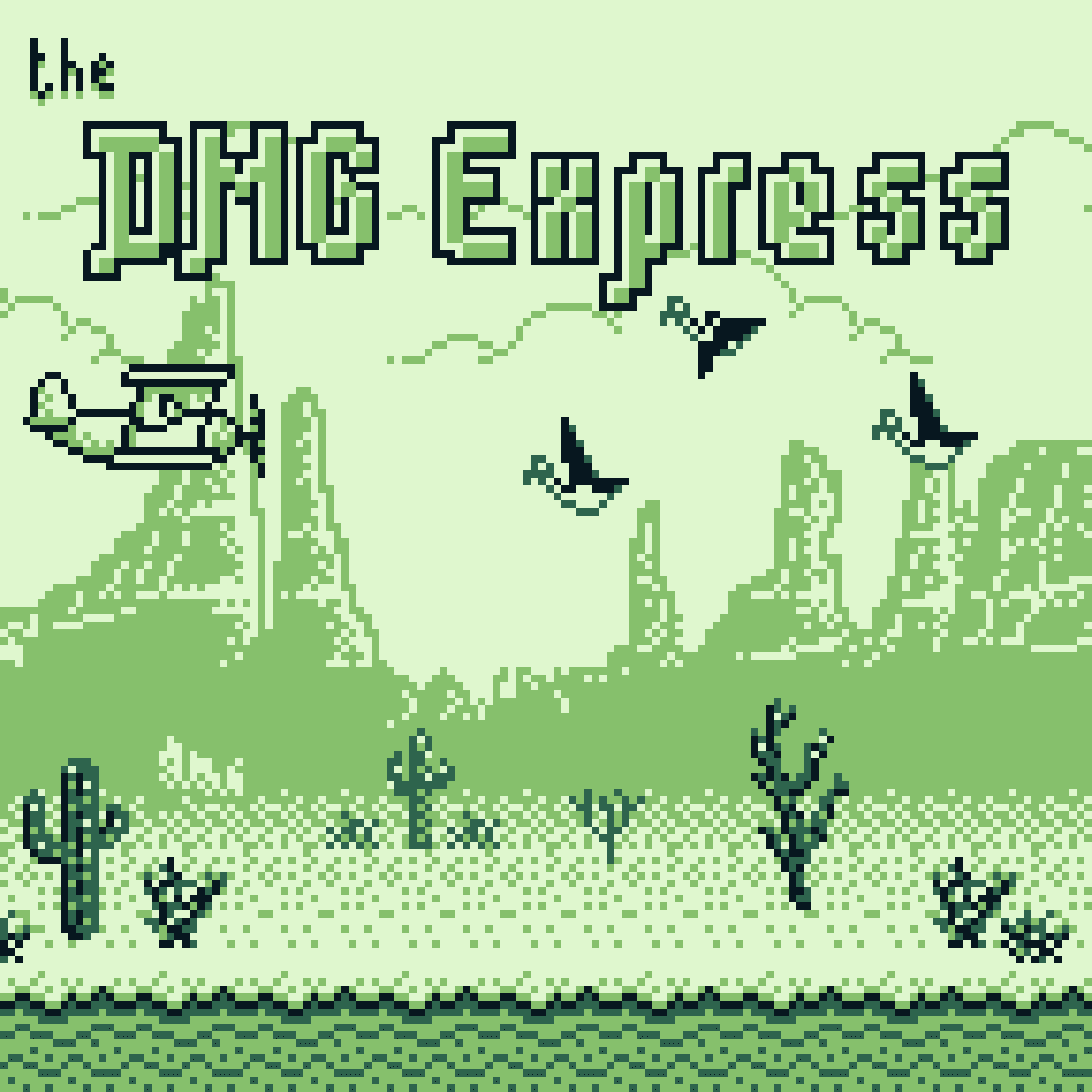 pixel drawing of a desert landscape with a biplane on the left, vultures on the right and the game title top center: the DMG Express